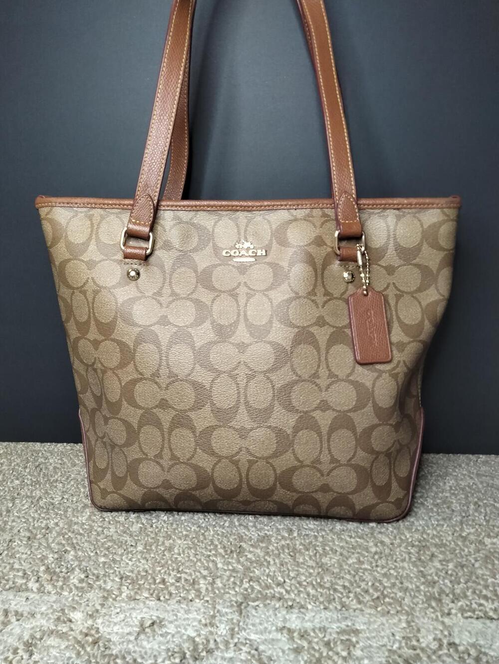 Coach City Tote Signature Canvas Khaki And Saddle Leather Trim Purse